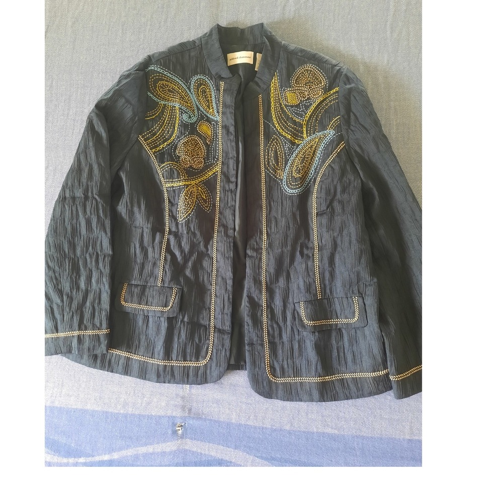 Alfred Dunner Navy Crinkle Paisley Embroidered Open Front Blazer Women Size 18